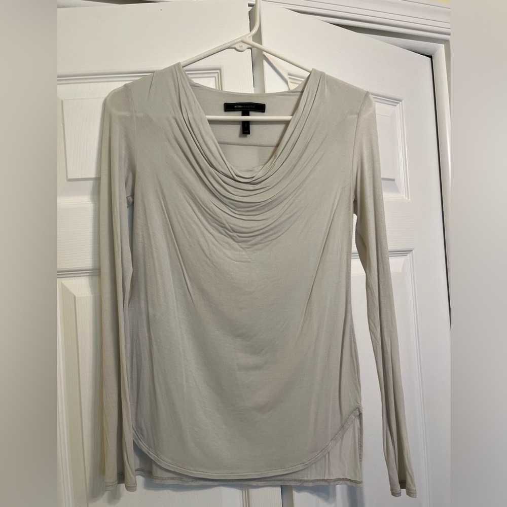 BCBG Gray Drape Neck Top